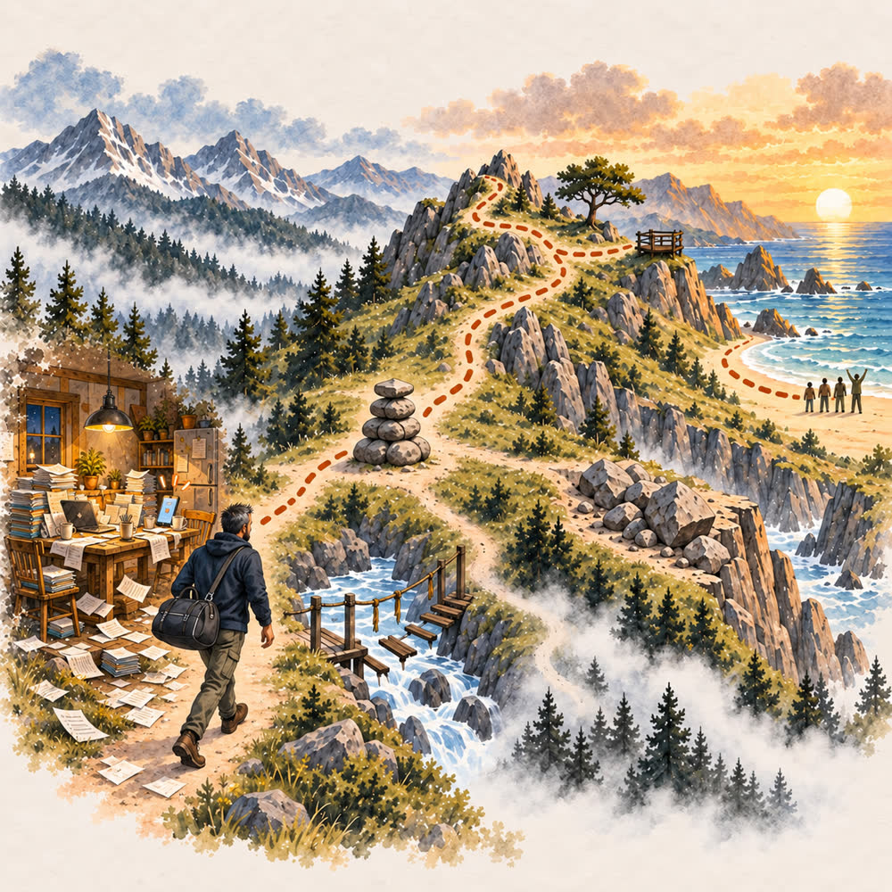 An illustrated map: the house and the sheet by the wall, the man setting out, the broken bridge and the fog, the cairn where the guide stands, one route over the ridge, and the beach where his people wait in the light