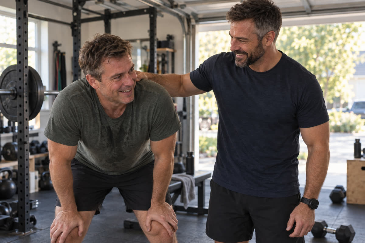 The coach and his client laughing on the gym floor.
