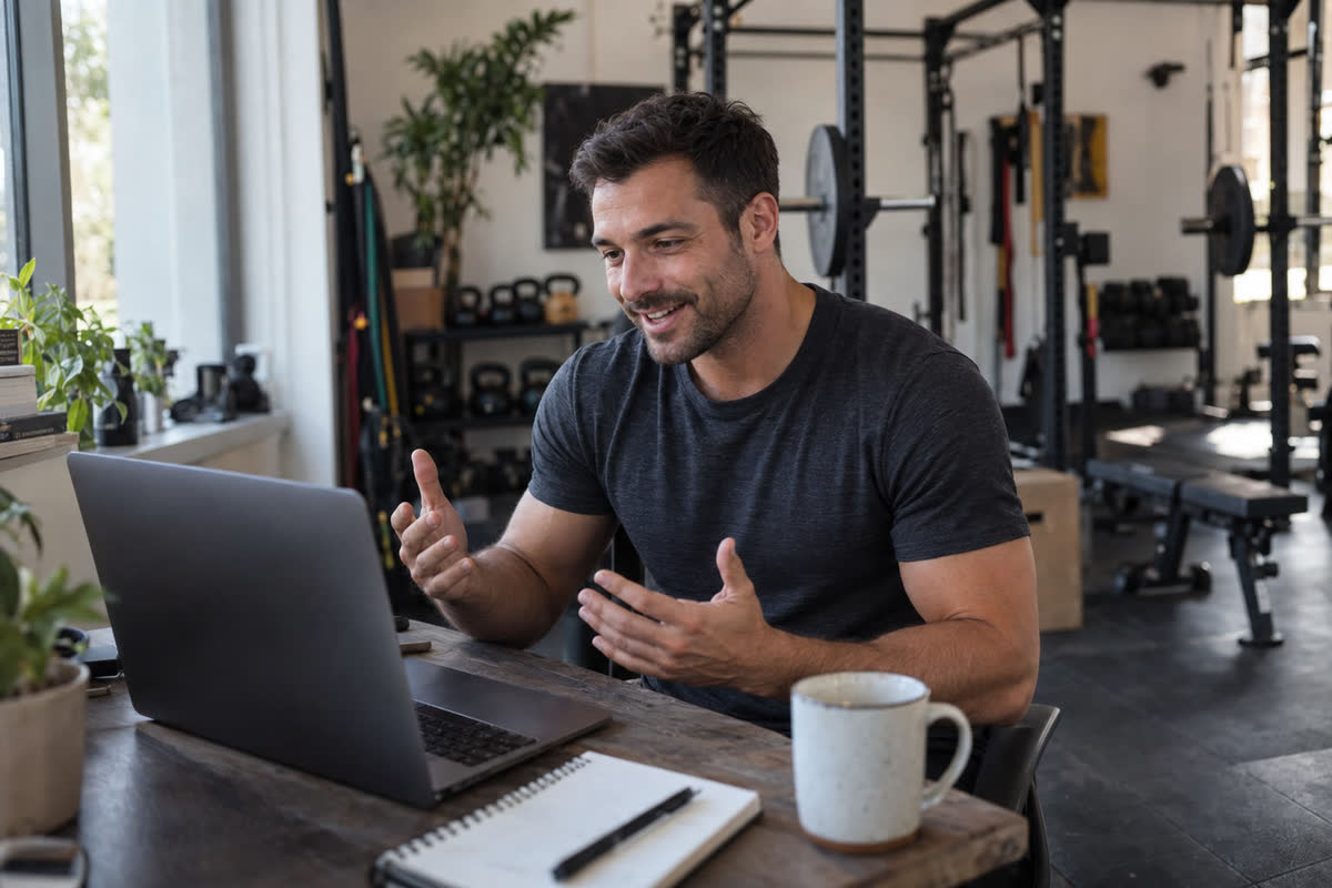 A coach on a video call at his desk.