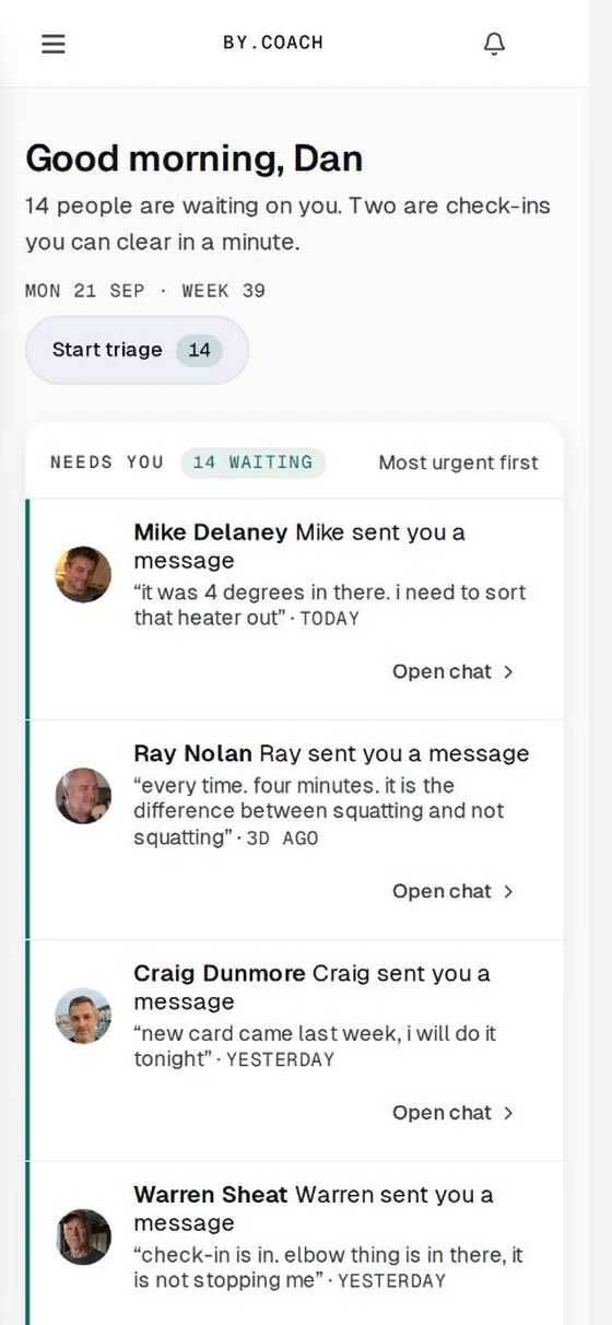 The coach's own screen: the clients who need him, most urgent first.