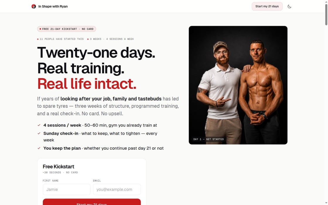 In Shape with Ryan landing page. Twenty-one days of real training, real life intact.