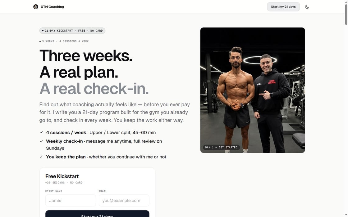 XTN Coaching landing page. Three weeks, a real plan, a real check-in.